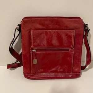 Red camera case like handbag.  Shoulder strap